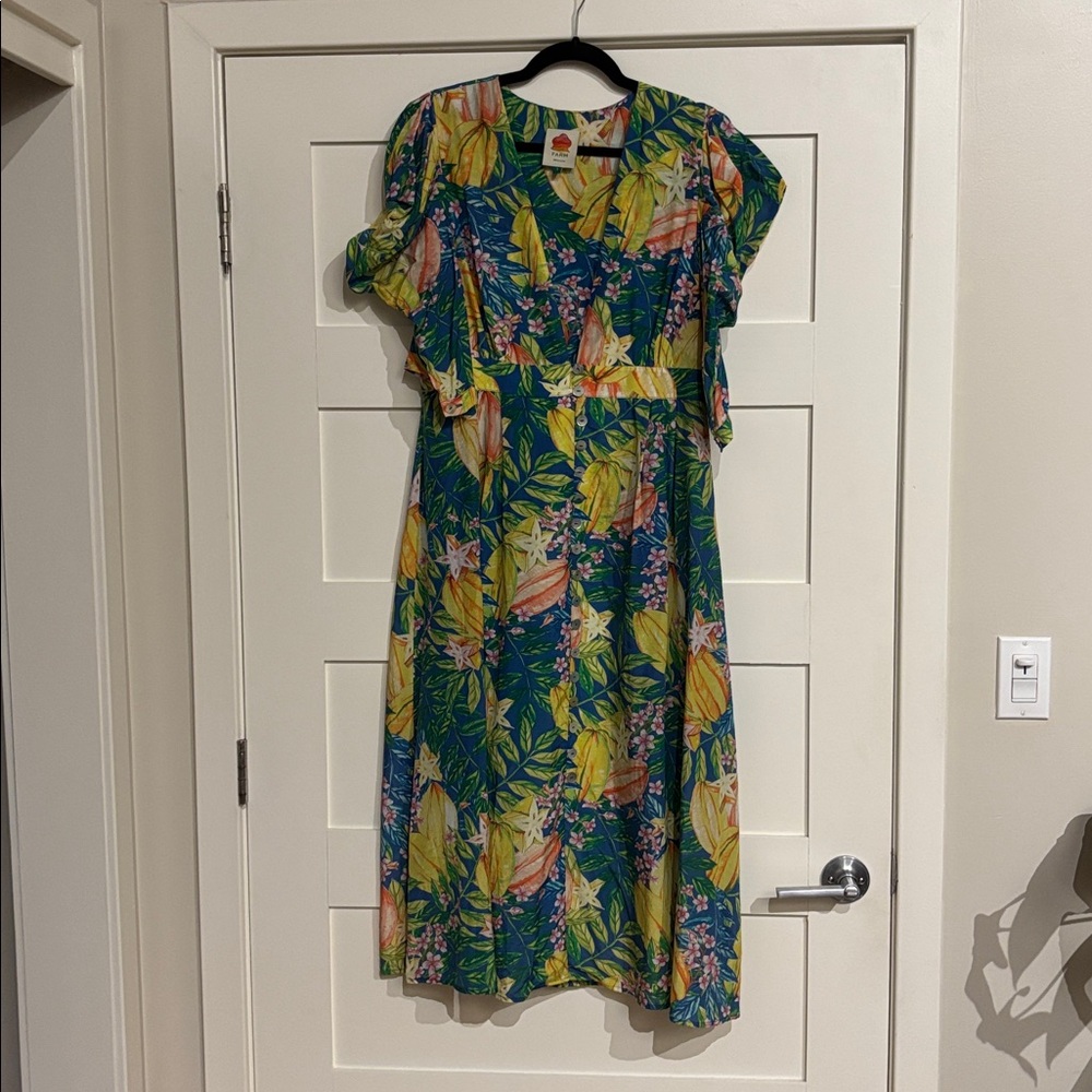 FARM Rio Green Tropical Midi Dress with Yellow & Pink Floral Print